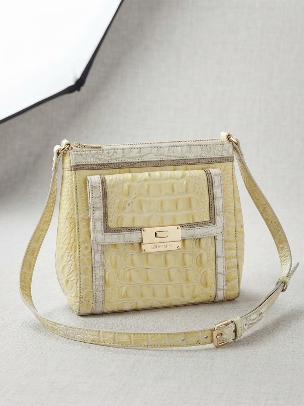 Brahmin Pale Yellow Croc-Embossed Leather Crossbody with Gold Hardware